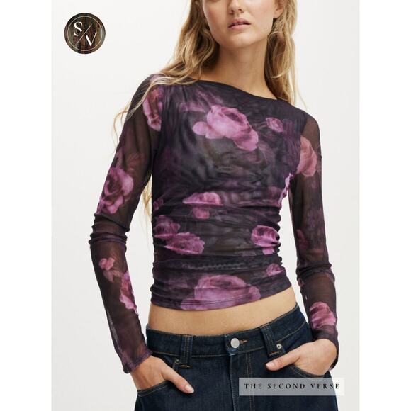 Cotton On Tops - Cotton On Ashley Mesh Long Sleeve Floral Mesh Top Whimsygoth Grunge Y2K Medium
